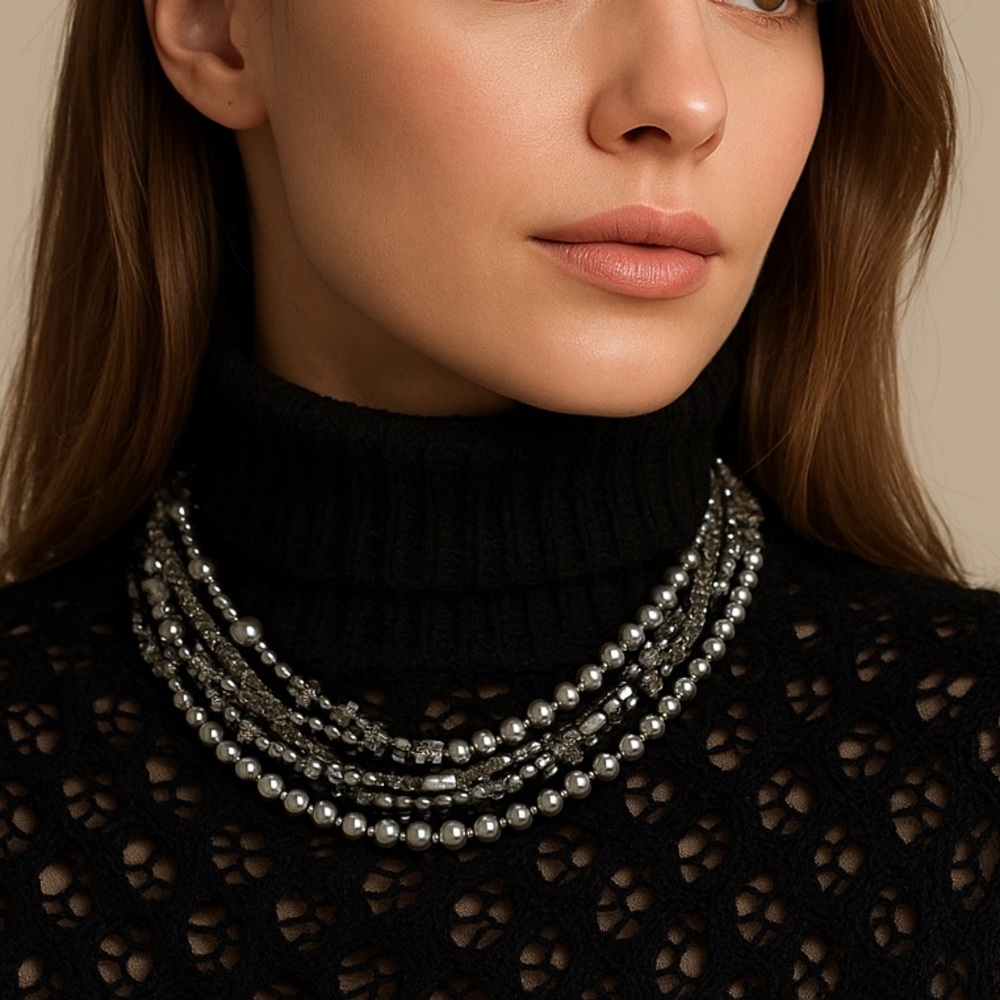 St John 6 Strand Silver Gray Glass Pearl Crystal Rhinestone Statement Necklace